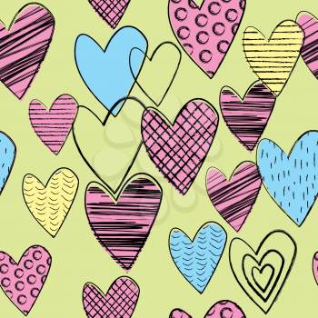 Seamless background with doodle colored hearts