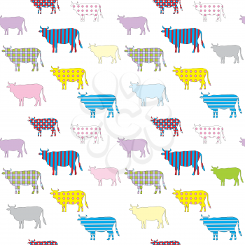 Seamless pattern with the colored image of silhouettes of cows with geometrical patterns