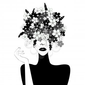 Black and white stylized woman with flowers in her head