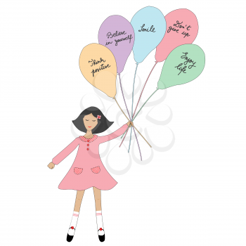 Cartoon girl holding balloons with positive slogans