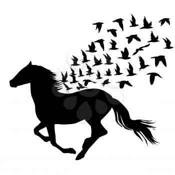 Abstract silhouettes of horse and birds flying