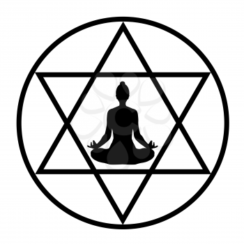 Simple drawing with a yogi in the lotus position in a middle of a stylized pentagram