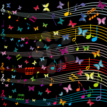 Musical background with stave and butterflies flying