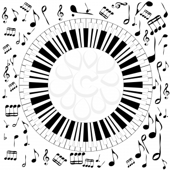 Black and white musical concept with round piano and musical notes and symbols