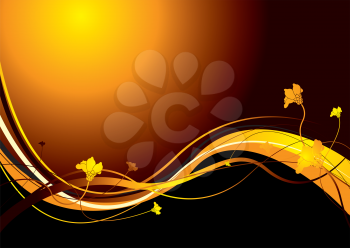 Royalty Free Clipart Image of a Gold Background With Waves and Leaves