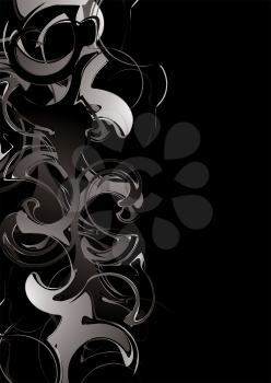 Royalty Free Clipart Image of a Black Background With Grey Swirls on the Left Side