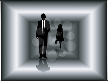 Royalty Free Clipart Image of Two Silhouettes Walking Through a Tunnel