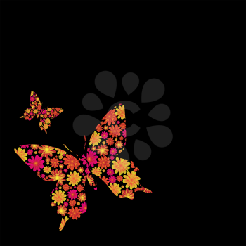 Royalty Free Clipart Image of Floral Butterflies on Black