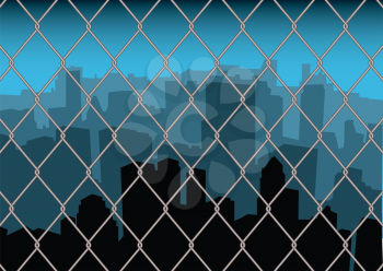 Royalty Free Clipart Image of a City Behind a Fence