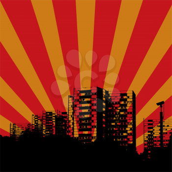 Royalty Free Clipart Image of a City Skyline on Red and Orange Stripes