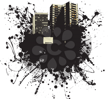 Royalty Free Clipart Image of a Grunge Spatter With Buildings