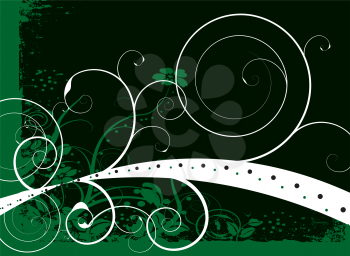 Royalty Free Clipart Image of a Green and Black Background With a White Flourish