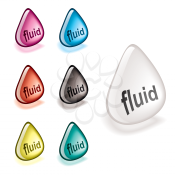 Royalty Free Clipart Image of Drops With Fluid Written on Them