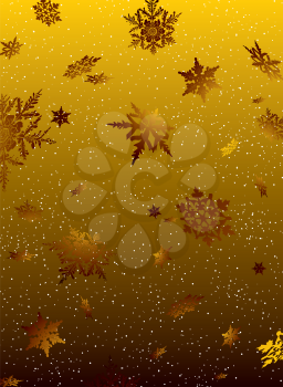 christmas golden theme with falling snow flakes in red and orange