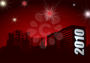 Royalty Free Clipart Image of a Skyline on Red With 2010 on a Building