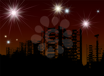Royalty Free Clipart Image of Fireworks and a Skyline