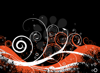 Royalty Free Clipart Image of a Floral Flourish on an Orange and Black Background