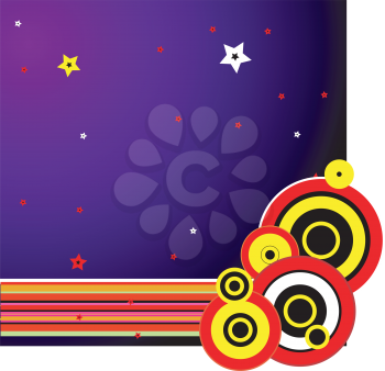 Royalty Free Clipart Image of a Purple Star Background With Stripes and Circles at the Bottom