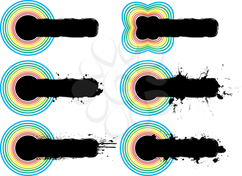 Royalty Free Clipart Image of Black Grunge Tags With Rainbow Designs at the End