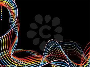 Royalty Free Clipart Image of a Black Background With Coloured Wavy Lines