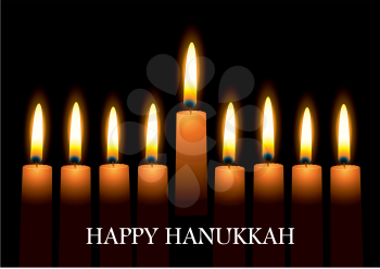 Hanukkah nine candles with burning flames and text