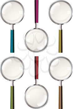Collection of magnifying glass with colorful handles and lens reflection