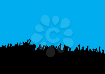 Black silhouette of crowd hands at concert with blue background