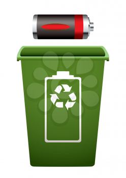 Dead battery with green recycle bin 