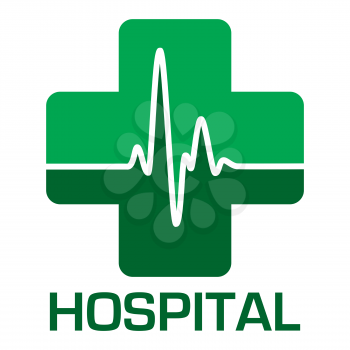 Illustrated hospital icon in green with heart beat