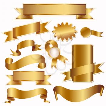 Royalty Free Clipart Image of a Set of Gold Ribbons and Labels