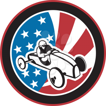 Royalty Free Clipart Image of a Soap Box Derby Shield on Stars and Stripes