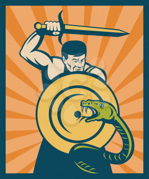Royalty Free Clipart Image of a Warrior Fighting a Snake