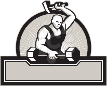 Illustration of a blacksmith with hammer forging striking a barbell set inside circle on isolated white background.
