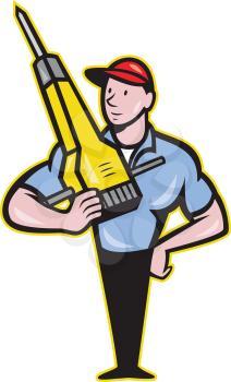 Illustration of a construction worker with jack hammer pneumatic drill done in cartoon style.