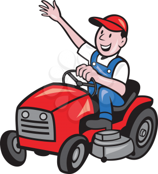 illustration of a farmer gardener riding ride on mower tractor waving hello on isolated background done in cartoon style