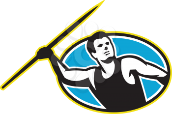 Illustration of a track and field athlete javelin throw facing front set inside oval on isolated background done in retro style.