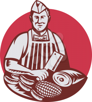 Retro style illustration of a butcher cutter worker with meat cleaver knife facing front set inside circle on isolated background.