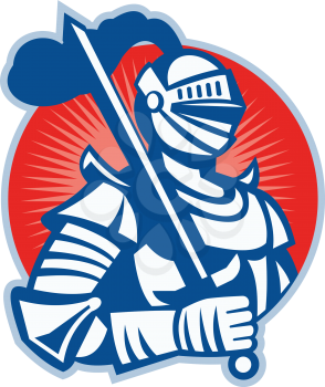 Illustration of knight in full armor with sword set inside circle done in retro woodcut style.