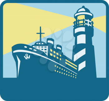 illustration of a passenger cargo ship at sea with lighthouse in background done in retro style