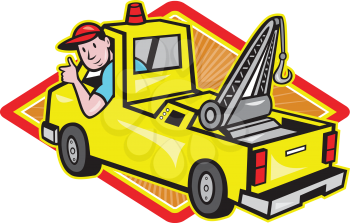 Illustration of a tow truck wrecker with driver thumb up set inside diamond on isolated white background.