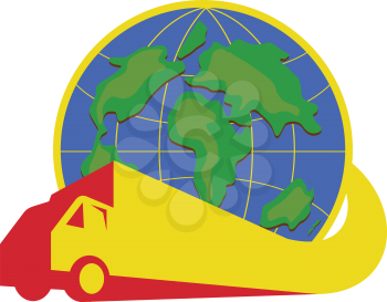 Illustration of a delivery truck lorry going around the world with globe in the background done in retro style 