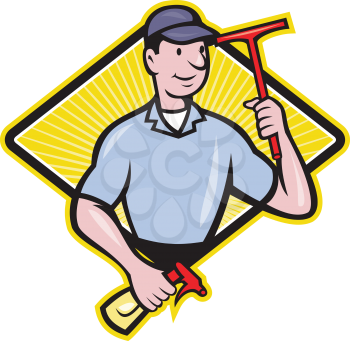 Illustration of window cleaner with squeegee and spray bottle set inside diamond shape done in cartoon style.