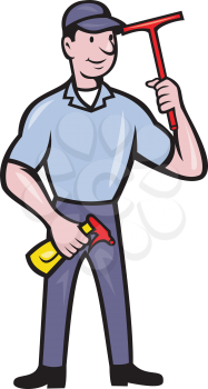 Illustration of window cleaner with squeegee and spray bottle done in cartoon style.