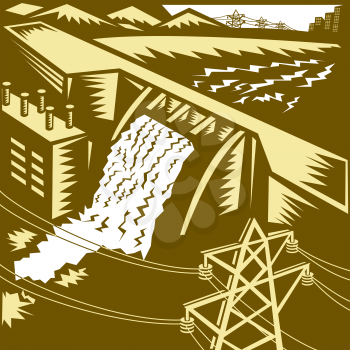 Illustration of a hydroelectric hydro energy generation dam with pylons and buildings done in woodcut style.