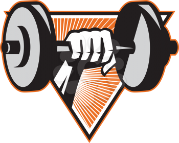 Illustration of a hand lifting dumbbell weight training set inside triangle done in retro style.