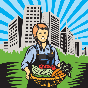 Illustration of woman female organic farmer holding basket of crop produce harvest of vegetables tomato carrots beans squash facing front on with office building urban backdrop skyline  in background 