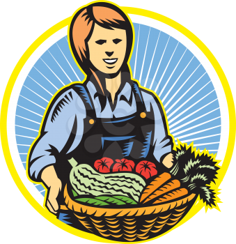 Illustration of female organic farmer with basket of crop produce harvest fruits vegetables facing front set inside circle done in retro wpa woodcut style.
