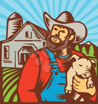 Illustration of pig farmer with piglet facing front with farmhouse barn building in background done in retro woodcut style.