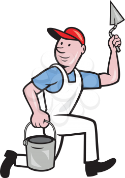 illustration of a plasterer masonry tradesman construction worker with trowel and pail on isolated background