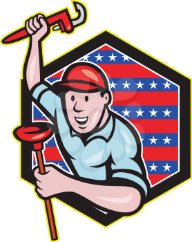 illustration of a plumber with monkey wrench done in cartoon style set inside hexagon with stars and stripes on isolated background